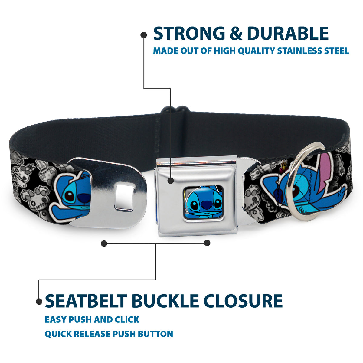 Stitch Face CLOSE-UP Full Color Seatbelt Buckle Collar - Stitch Poses/Mini Scrump Scattered Dog Collars Seatbelt Buckle Disney