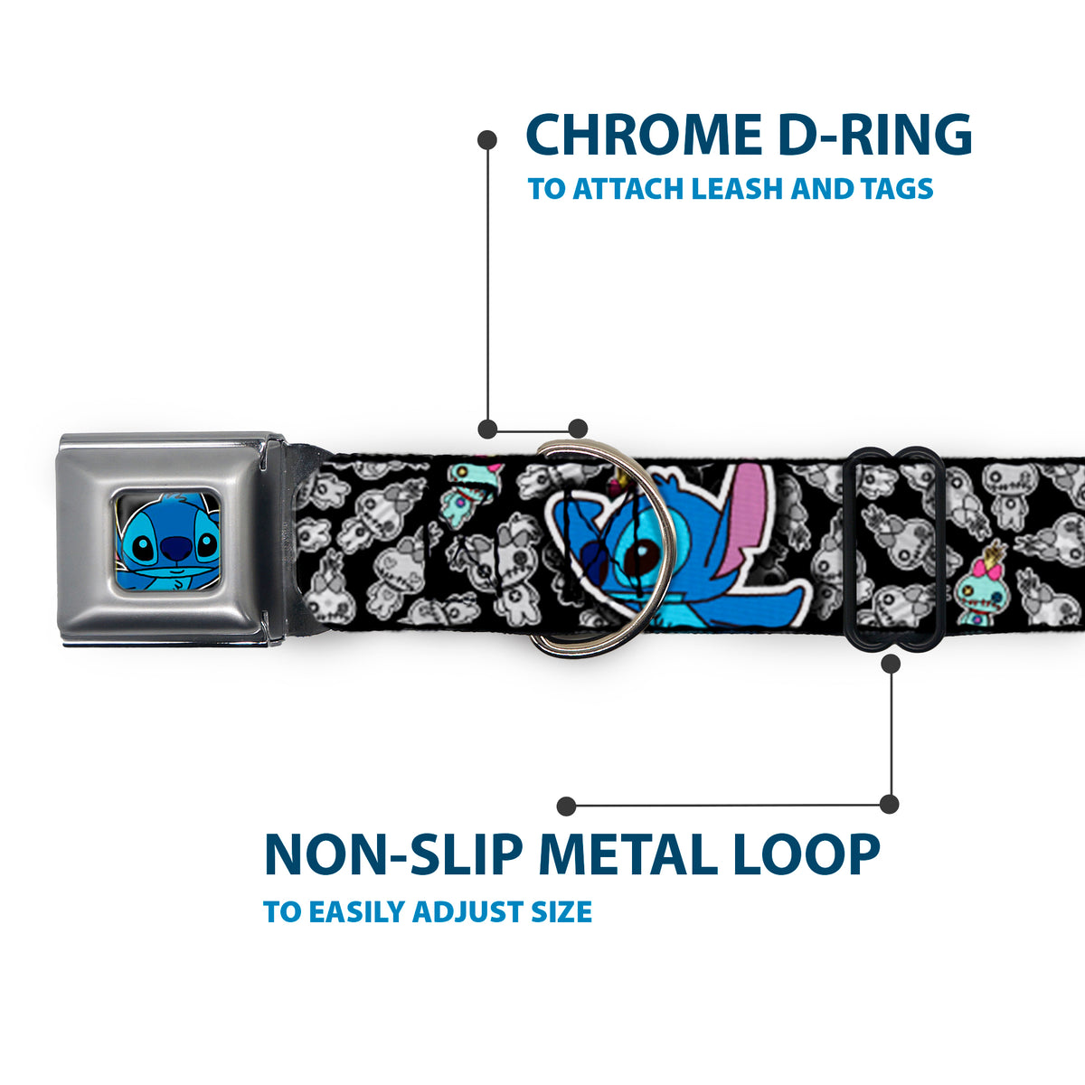 Stitch Face CLOSE-UP Full Color Seatbelt Buckle Collar - Stitch Poses/Mini Scrump Scattered Dog Collars Seatbelt Buckle Disney