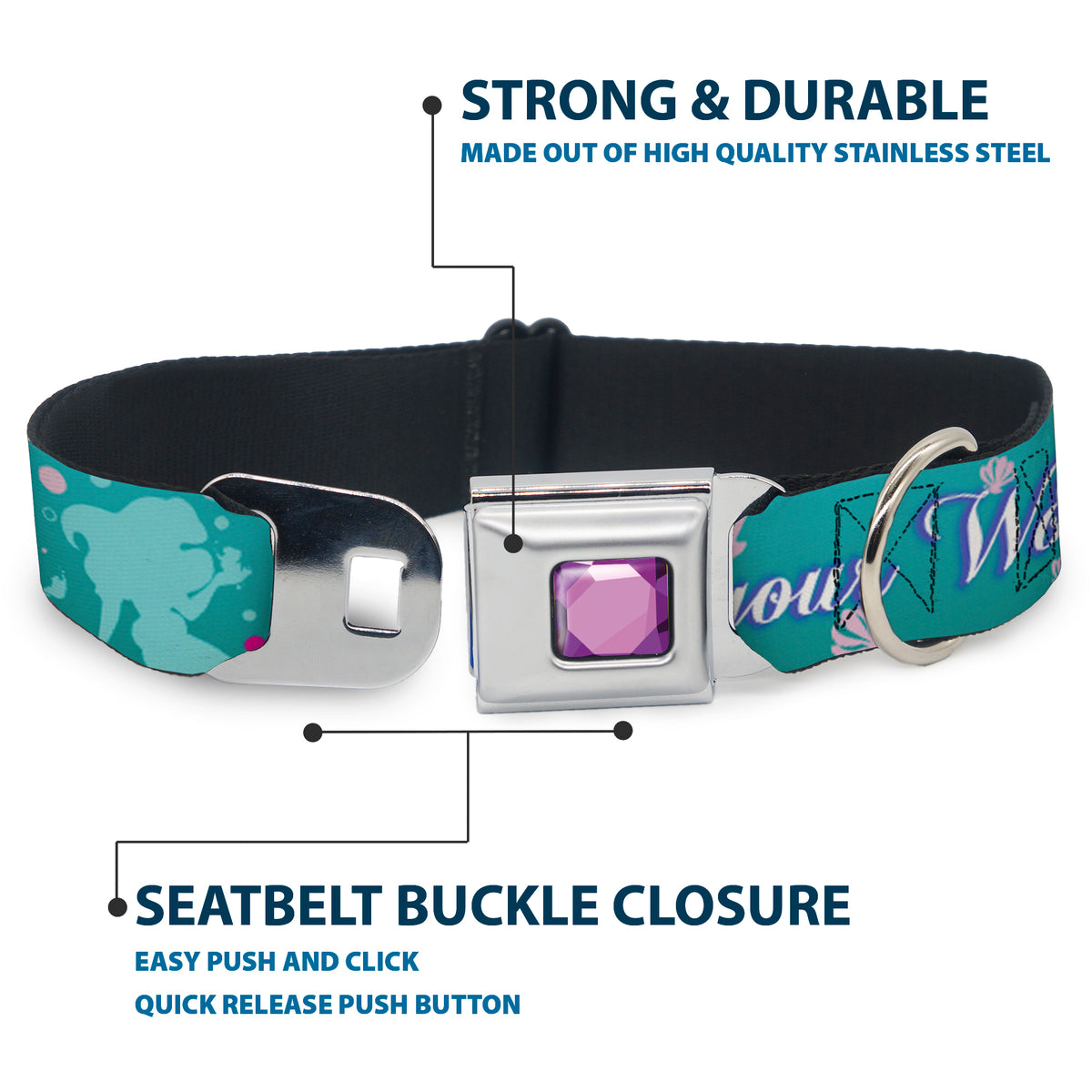 Princess Gem CLOSE-UP Full Color Purple Seatbelt Buckle Collar - Little Mermaid Silhouette Scenes PART OF YOUR WORLD Blues Dog Collars Seatbelt Buckle Disney