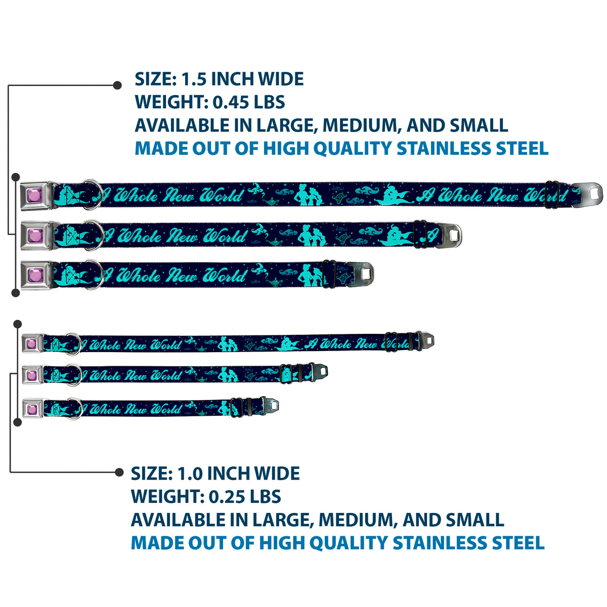 Princess Gem CLOSE-UP Full Color Purple Seatbelt Buckle Collar - Aladdin & Jasmine Silhouette A WHOLE NEW WORLD Dog Collars Seatbelt Buckle Disney