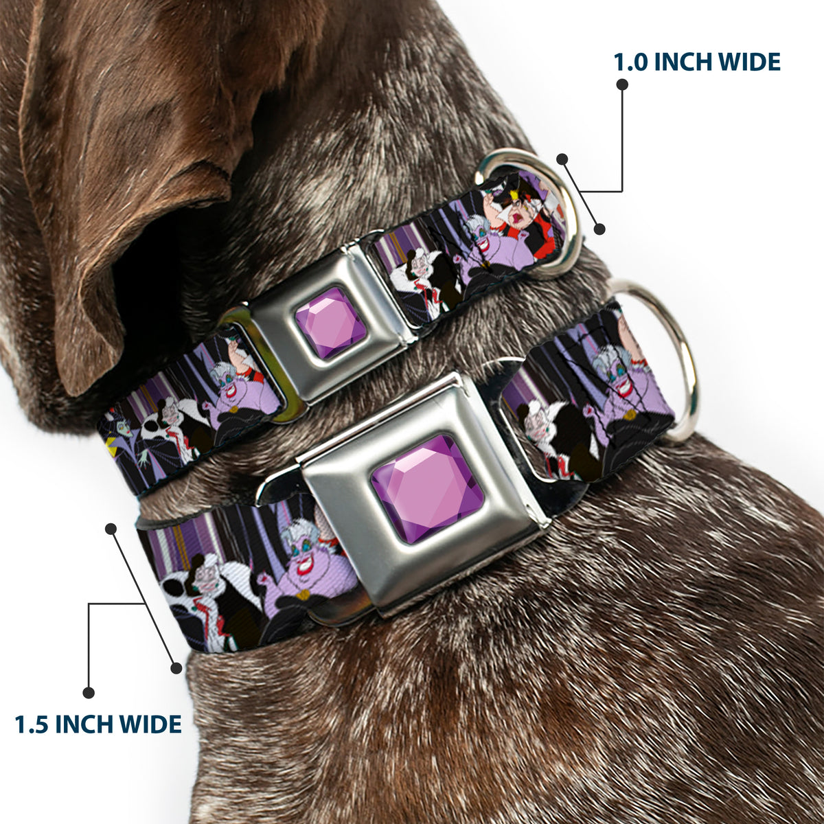 Princess Gem CLOSE-UP Full Color Purple Seatbelt Buckle Collar - 5-Disney Villains Stacked Dog Collars Seatbelt Buckle Disney