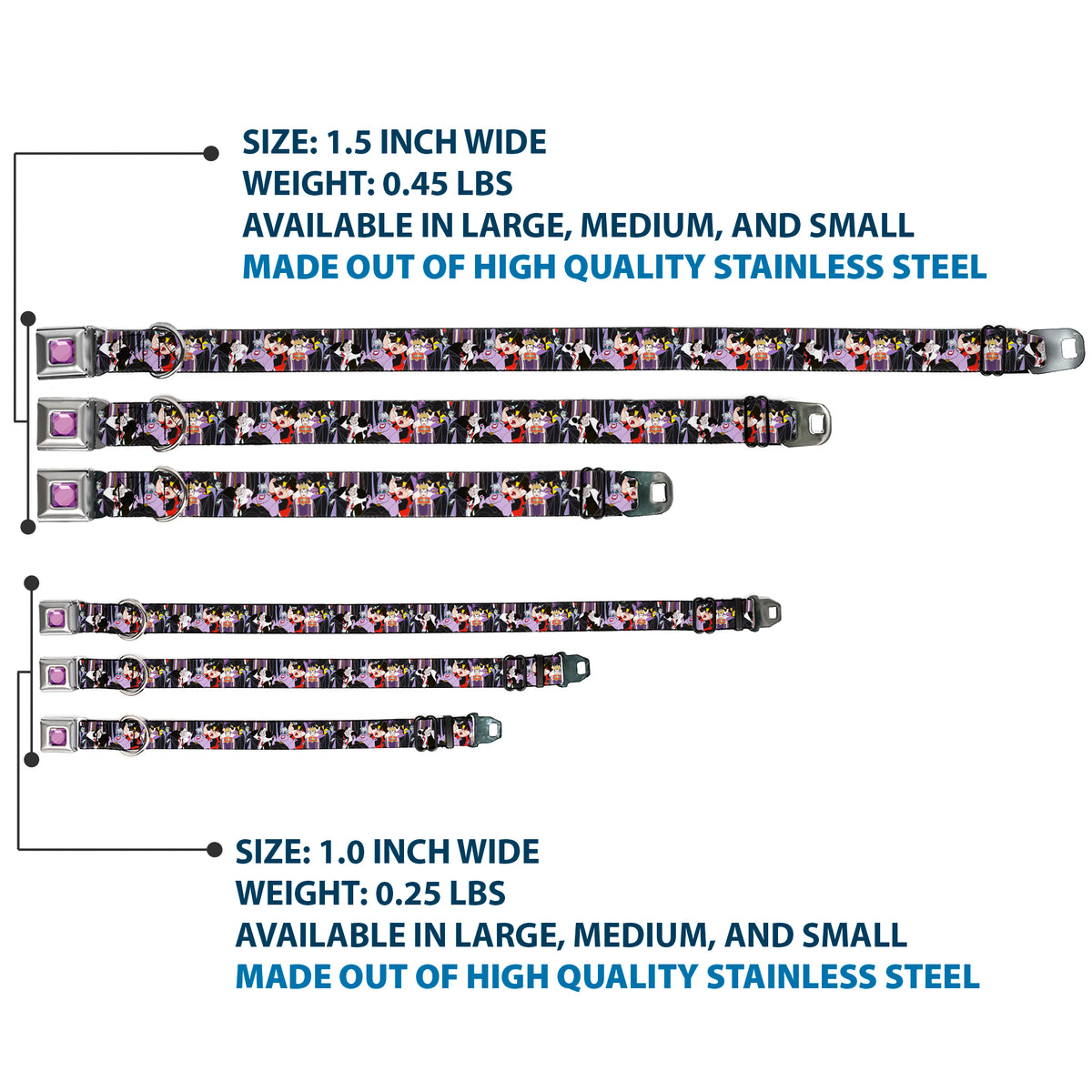 Princess Gem CLOSE-UP Full Color Purple Seatbelt Buckle Collar - 5-Disney Villains Stacked Dog Collars Seatbelt Buckle Disney