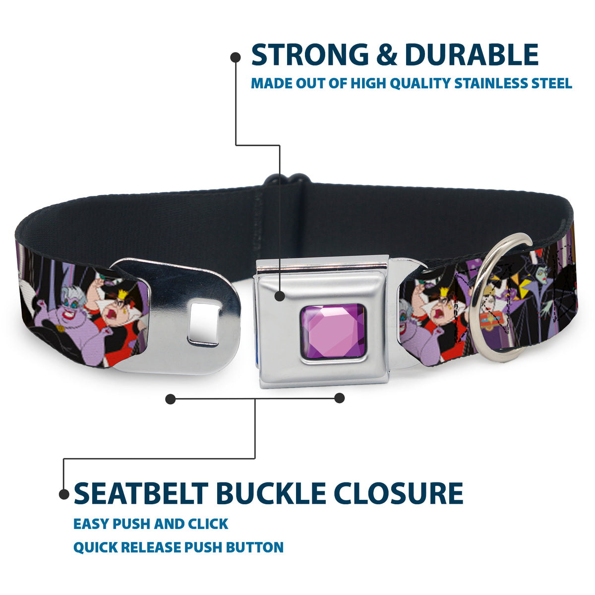 Princess Gem CLOSE-UP Full Color Purple Seatbelt Buckle Collar - 5-Disney Villains Stacked Dog Collars Seatbelt Buckle Disney