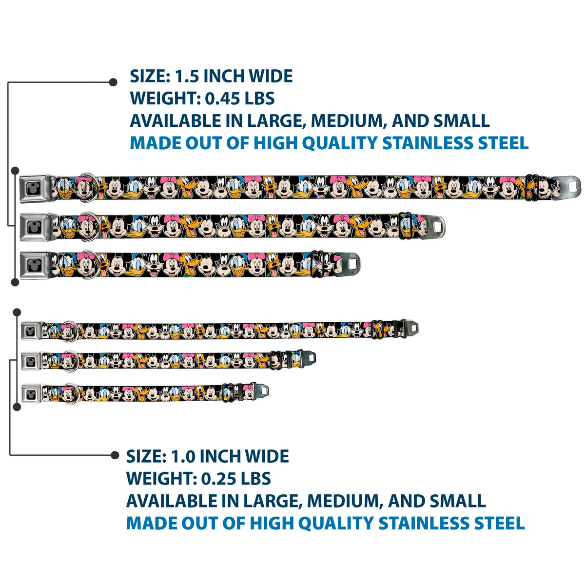 Mickey Silhouette Black Silver Seatbelt Buckle Collar - Classic Disney Character Faces Black Dog Collars Seatbelt Buckle Disney