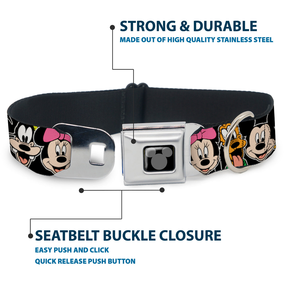 Mickey Silhouette Black Silver Seatbelt Buckle Collar - Classic Disney Character Faces Black Dog Collars Seatbelt Buckle Disney