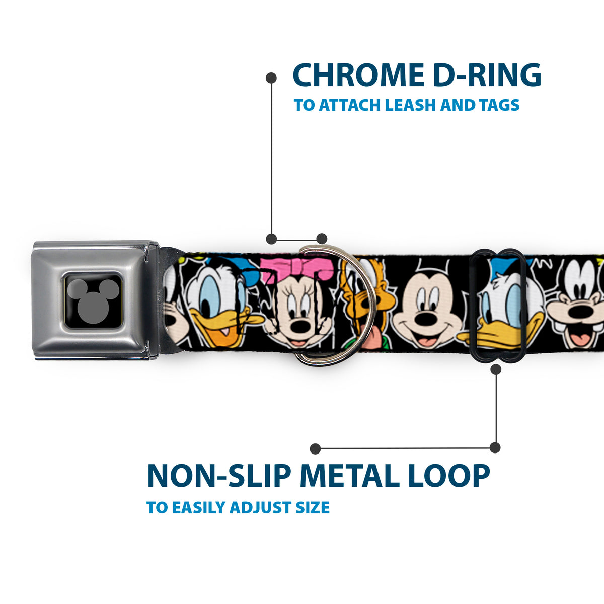 Mickey Silhouette Black Silver Seatbelt Buckle Collar - Classic Disney Character Faces Black Dog Collars Seatbelt Buckle Disney
