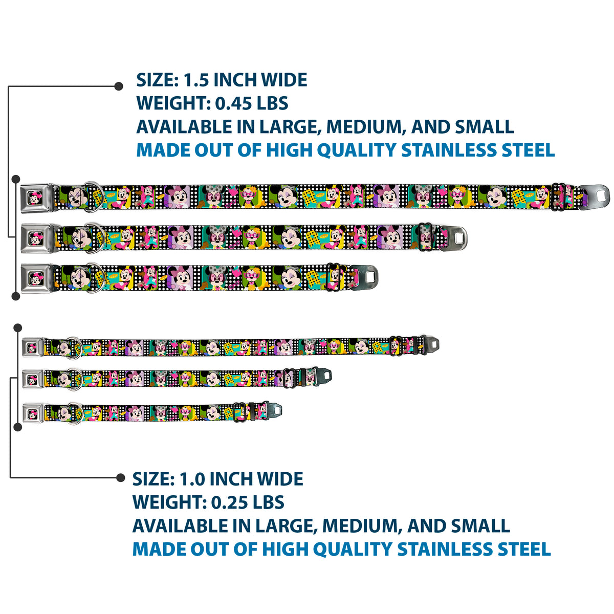 Mini Minnie Mouse Face CLOSE-UP Full Color Black Seatbelt Buckle Collar - Mini Minnie Fashion Poses/Polka Dot Black/White/Multi Color Dog Collars Seatbelt Buckle Disney