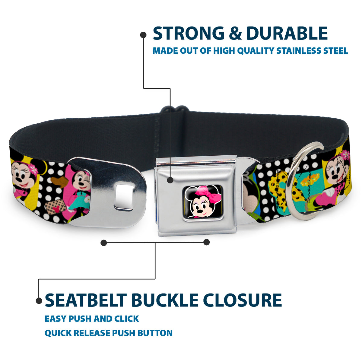 Mini Minnie Mouse Face CLOSE-UP Full Color Black Seatbelt Buckle Collar - Mini Minnie Fashion Poses/Polka Dot Black/White/Multi Color Dog Collars Seatbelt Buckle Disney