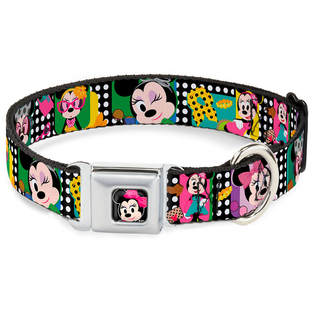 Mini Minnie Mouse Face CLOSE-UP Full Color Black Seatbelt Buckle Collar - Mini Minnie Fashion Poses/Polka Dot Black/White/Multi Color Dog Collars Seatbelt Buckle Disney