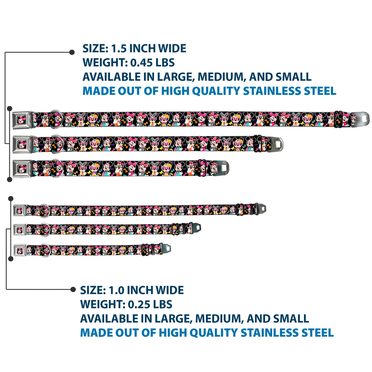 Mini Minnie Mouse Face CLOSE-UP Full Color Black Seatbelt Buckle Collar - Mini Minnie Expressions/Bows Black/Multi Color Dog Collars Seatbelt Buckle Disney