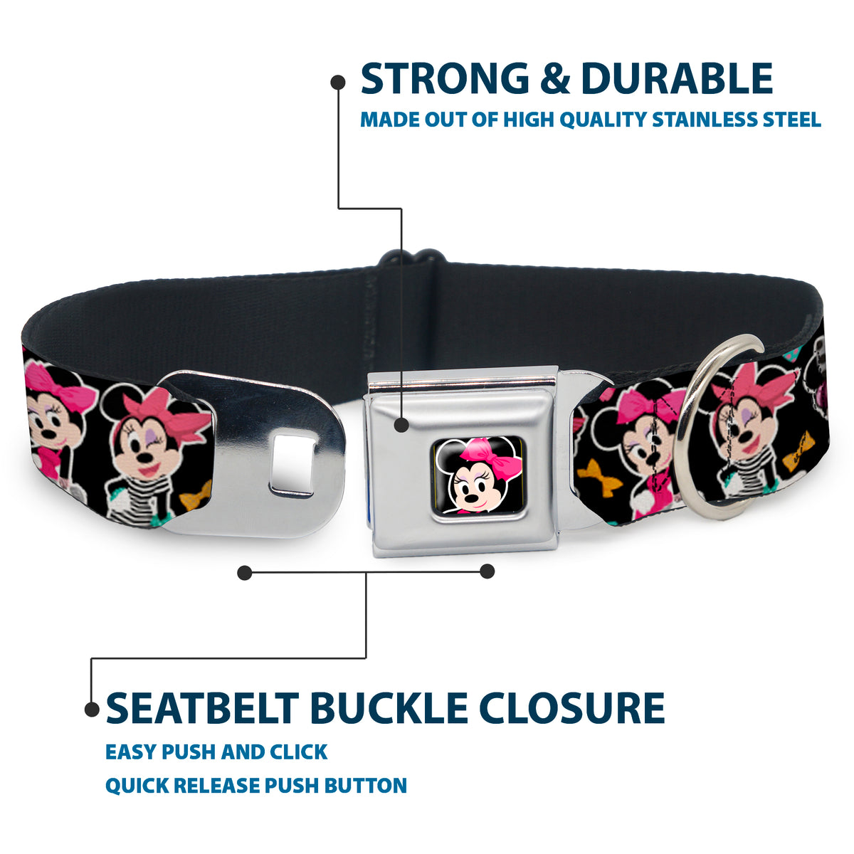 Mini Minnie Mouse Face CLOSE-UP Full Color Black Seatbelt Buckle Collar - Mini Minnie Expressions/Bows Black/Multi Color Dog Collars Seatbelt Buckle Disney