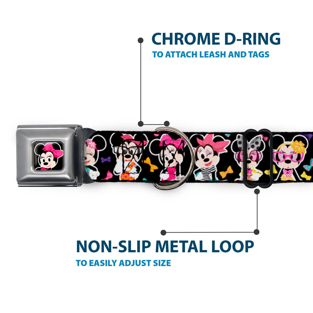 Mini Minnie Mouse Face CLOSE-UP Full Color Black Seatbelt Buckle Collar - Mini Minnie Expressions/Bows Black/Multi Color Dog Collars Seatbelt Buckle Disney