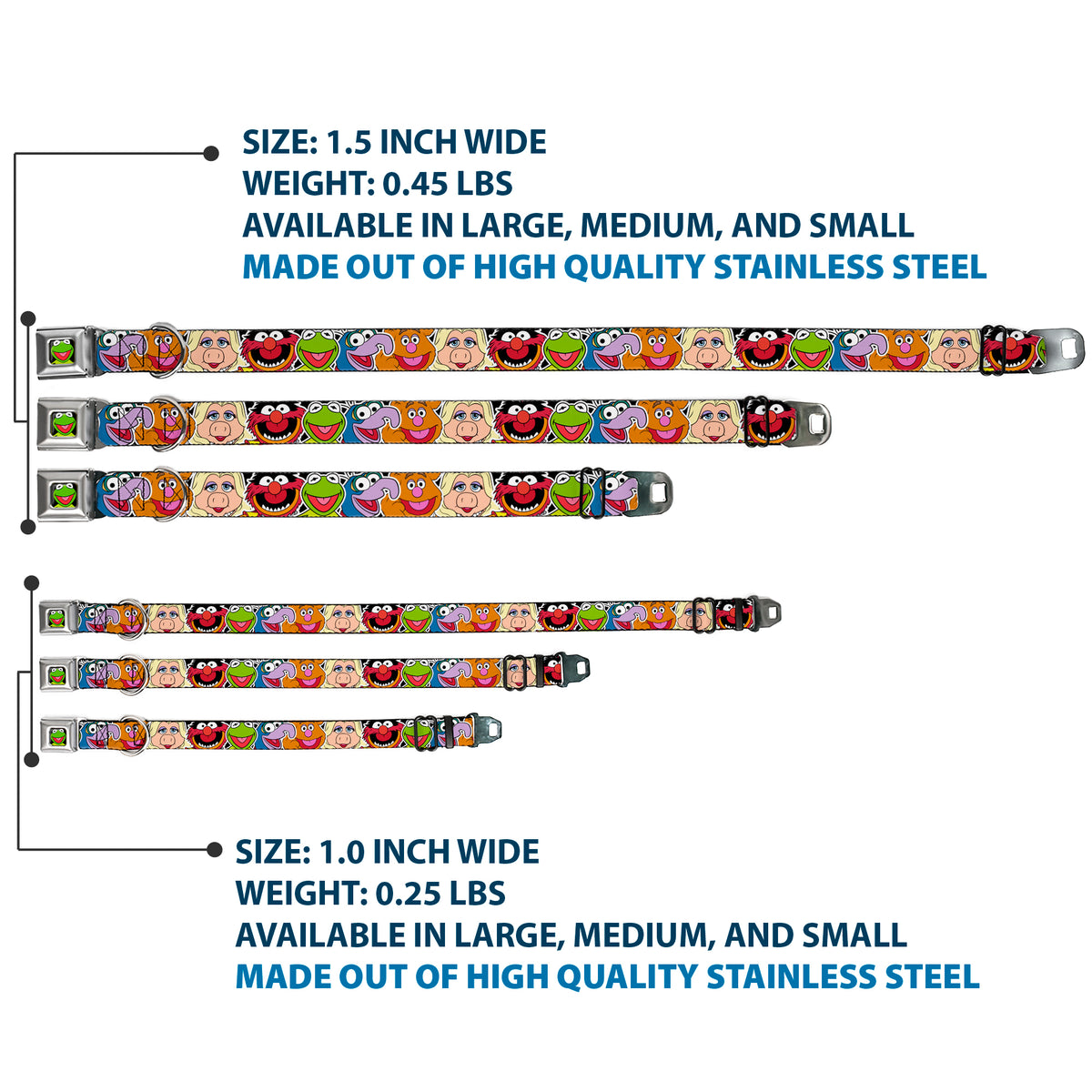 Kermit Face Full Color Black Seatbelt Buckle Collar - Muppets Faces CLOSE-UP Black Dog Collars Seatbelt Buckle Disney