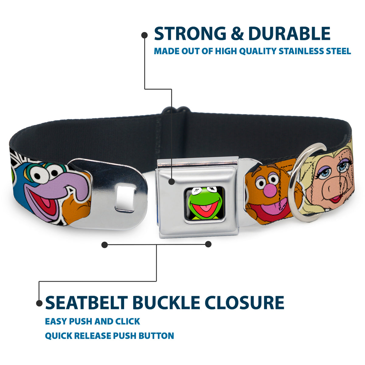 Kermit Face Full Color Black Seatbelt Buckle Collar - Muppets Faces CLOSE-UP Black Dog Collars Seatbelt Buckle Disney