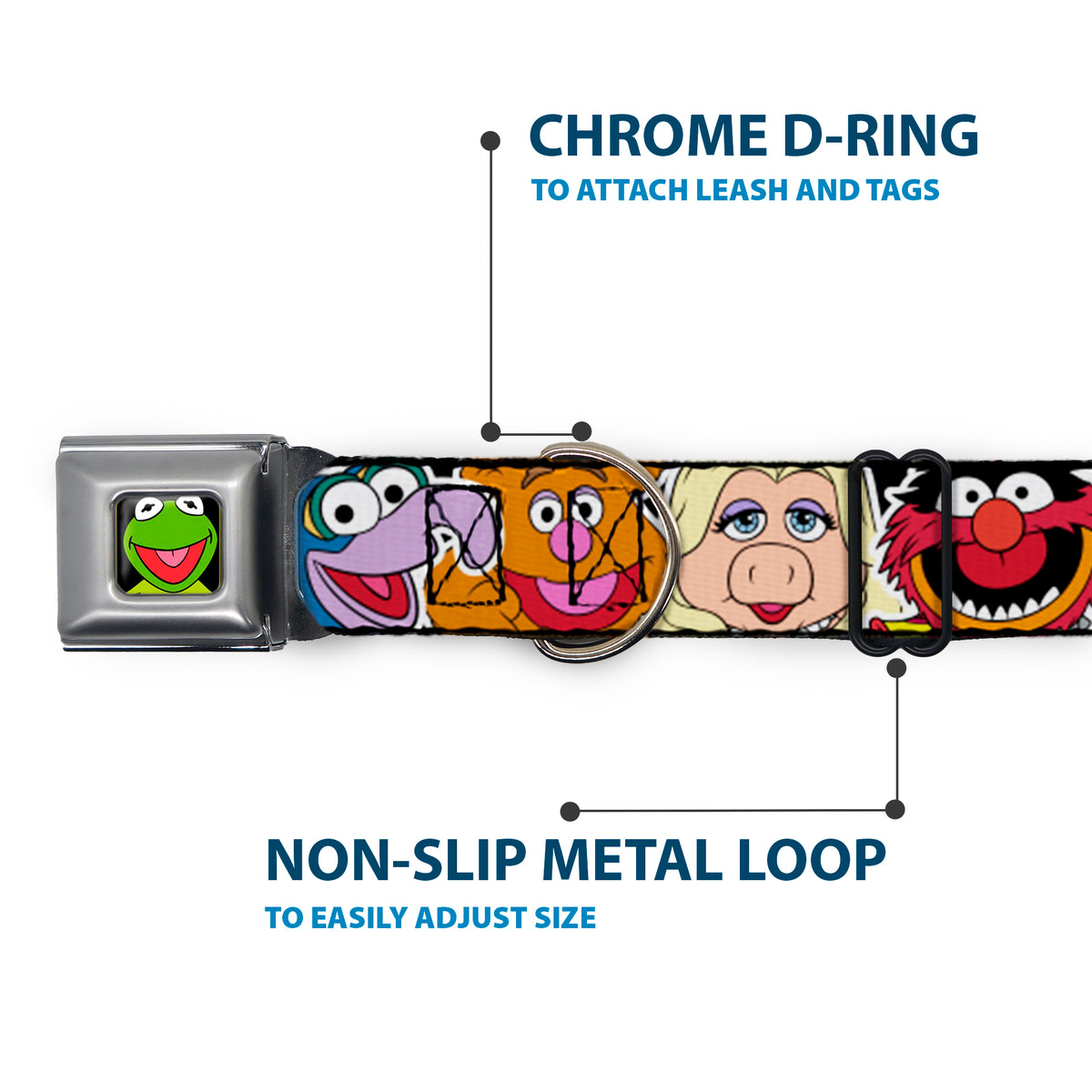 Kermit Face Full Color Black Seatbelt Buckle Collar - Muppets Faces CLOSE-UP Black Dog Collars Seatbelt Buckle Disney
