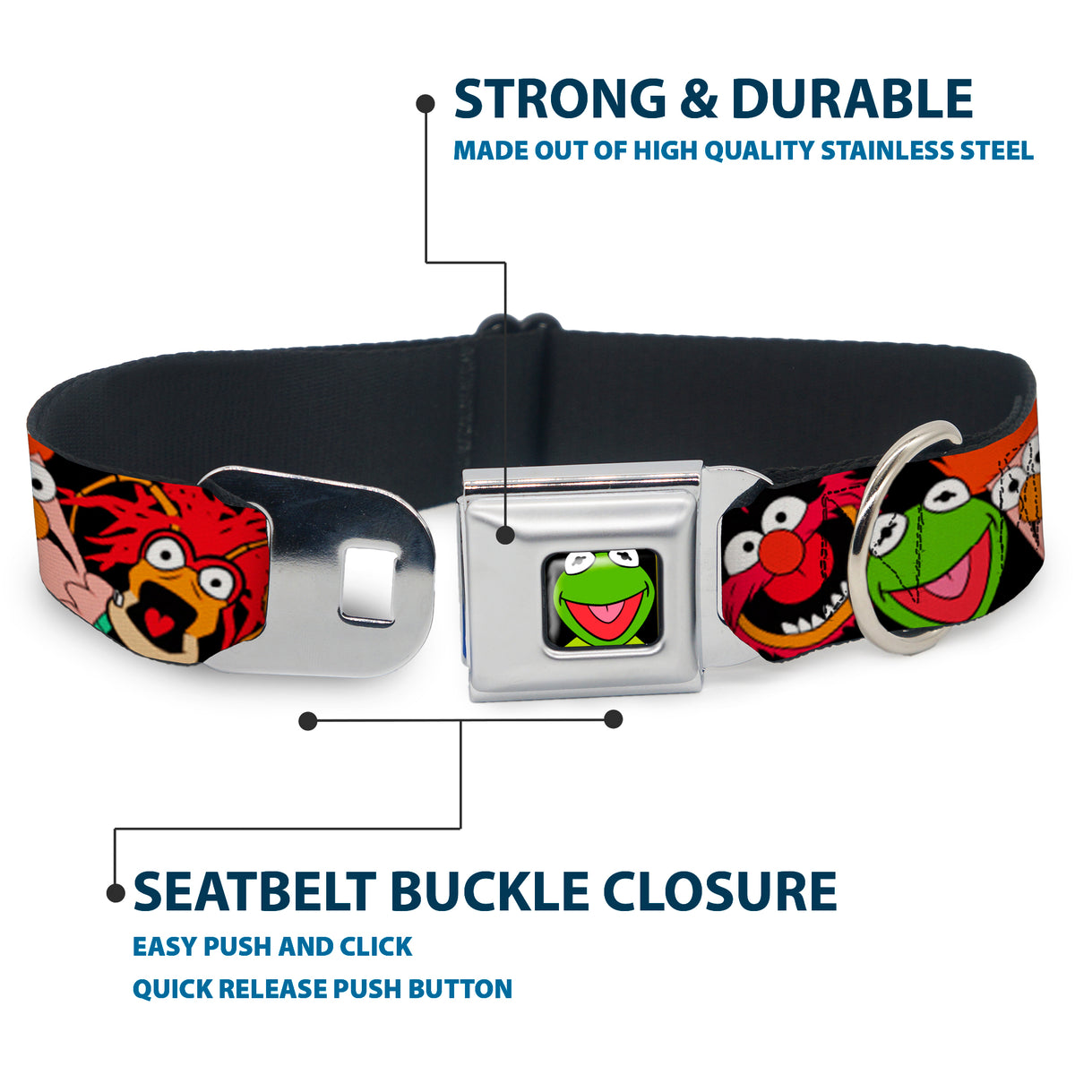 Kermit Face Full Color Black Seatbelt Buckle Collar - Muppets Faces Black Dog Collars Seatbelt Buckle Disney