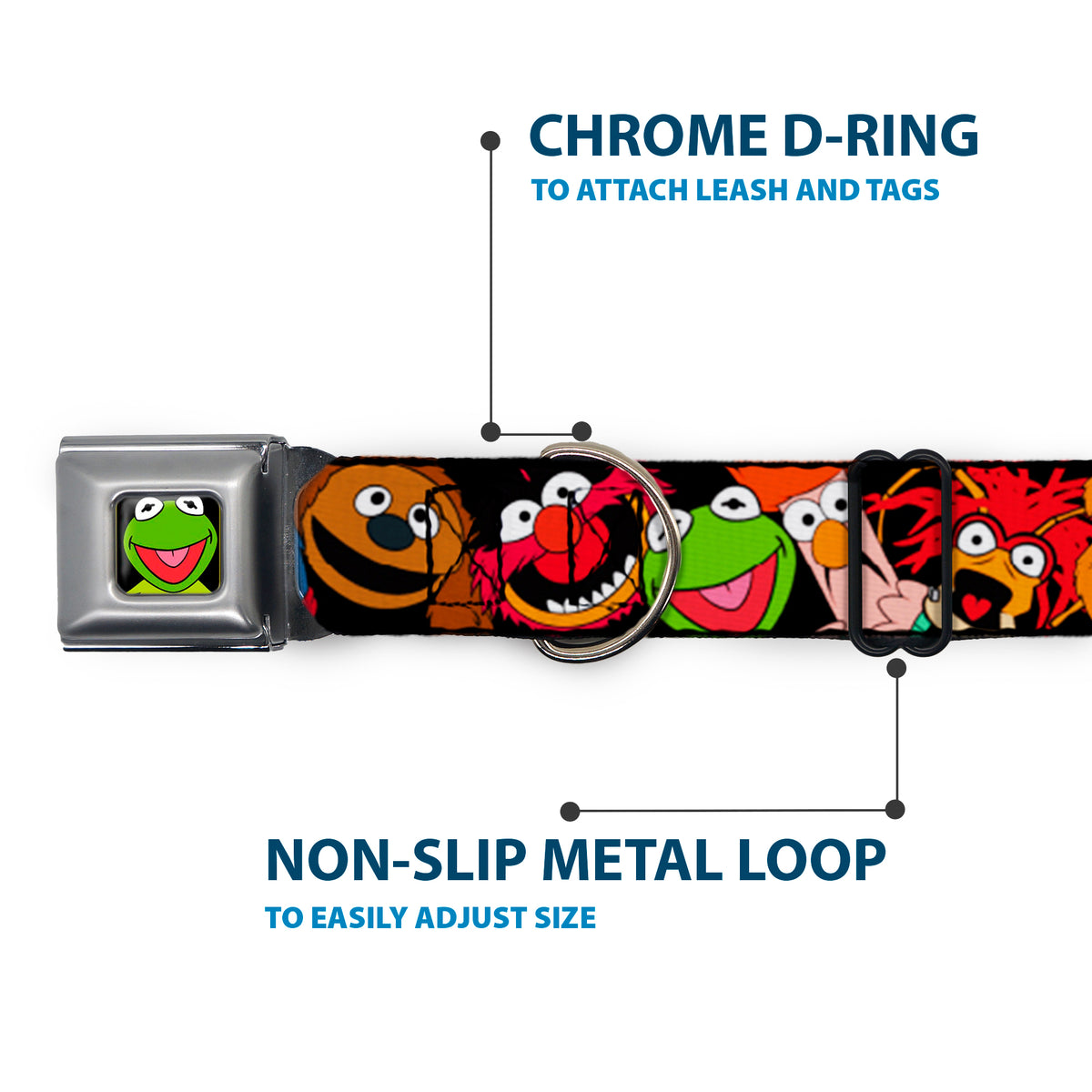 Kermit Face Full Color Black Seatbelt Buckle Collar - Muppets Faces Black Dog Collars Seatbelt Buckle Disney