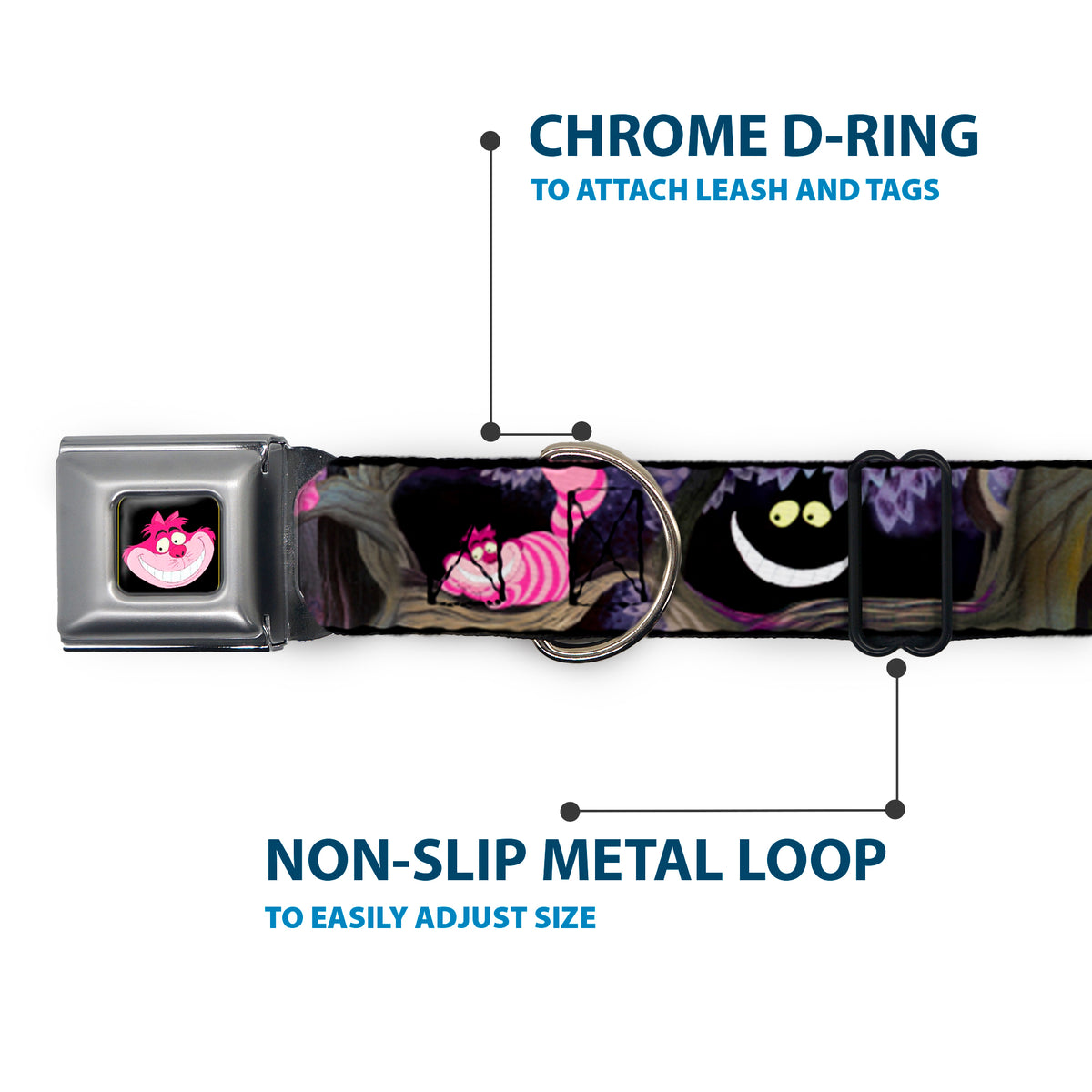 Cheshire Cat Face Full Color Black Seatbelt Buckle Collar - Alice & the Cheshire Cat Scenes Dog Collars Seatbelt Buckle Disney