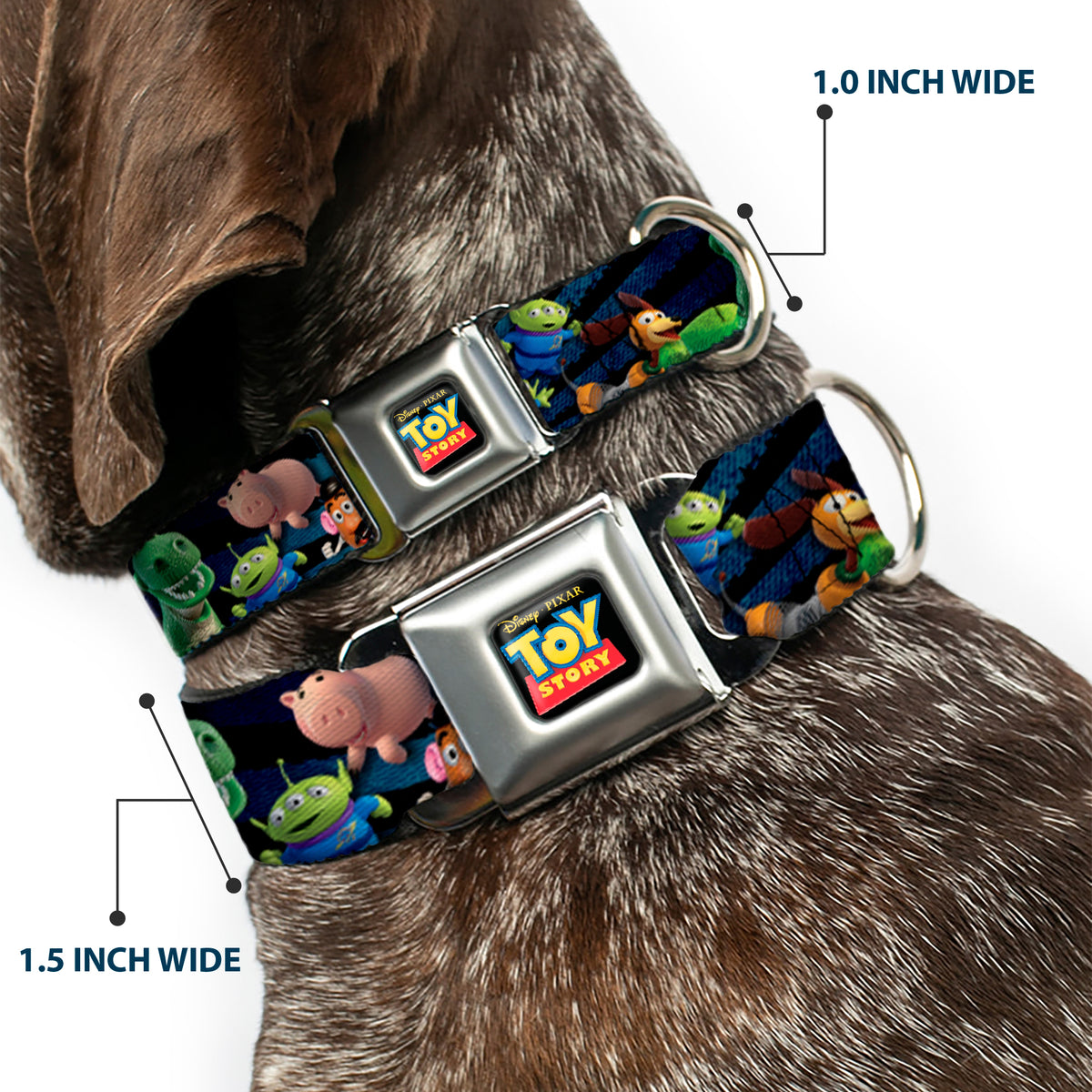 TOY STORY Logo Full Color Black Seatbelt Buckle Collar - Toy Story Characters Running Denim Rays Dog Collars Seatbelt Buckle Disney