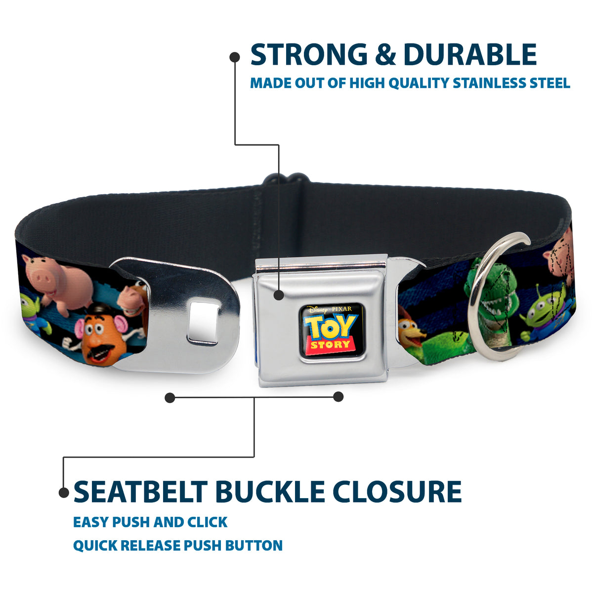 TOY STORY Logo Full Color Black Seatbelt Buckle Collar - Toy Story Characters Running Denim Rays Dog Collars Seatbelt Buckle Disney