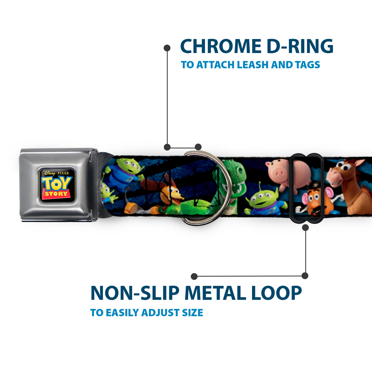TOY STORY Logo Full Color Black Seatbelt Buckle Collar - Toy Story Characters Running Denim Rays Dog Collars Seatbelt Buckle Disney