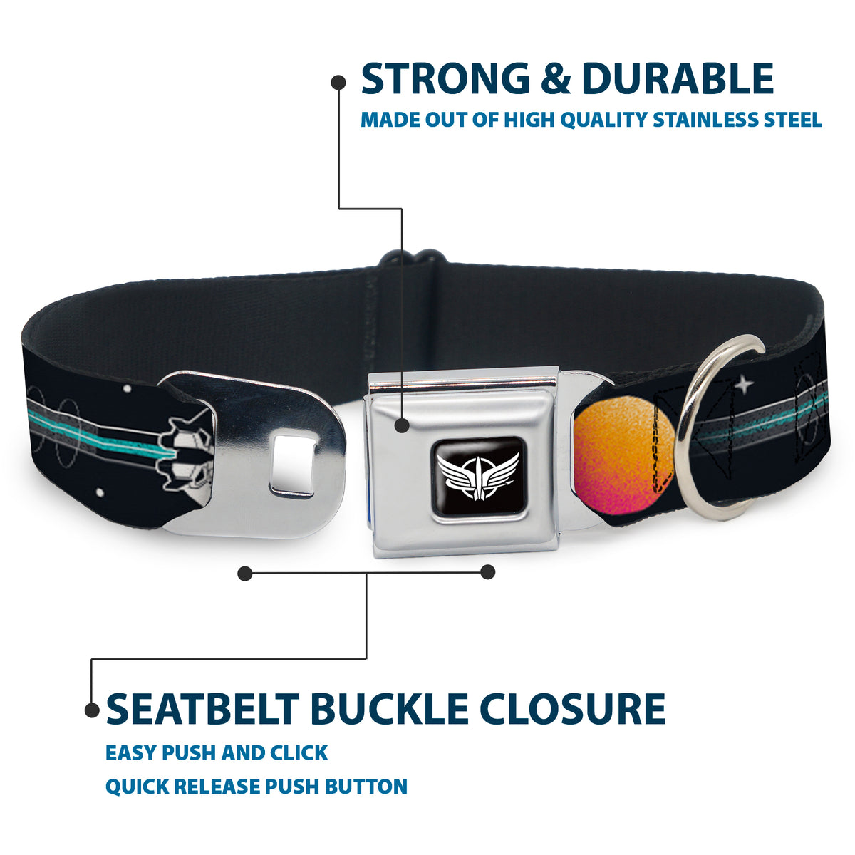 Lightyear Star Command Wings Logo Full Color Black/White Seatbelt Buckle Collar - BUZZ LIGHTYEAR Hyper Speed Spaceship Black/Multi Color Dog Collars Seatbelt Buckle Disney