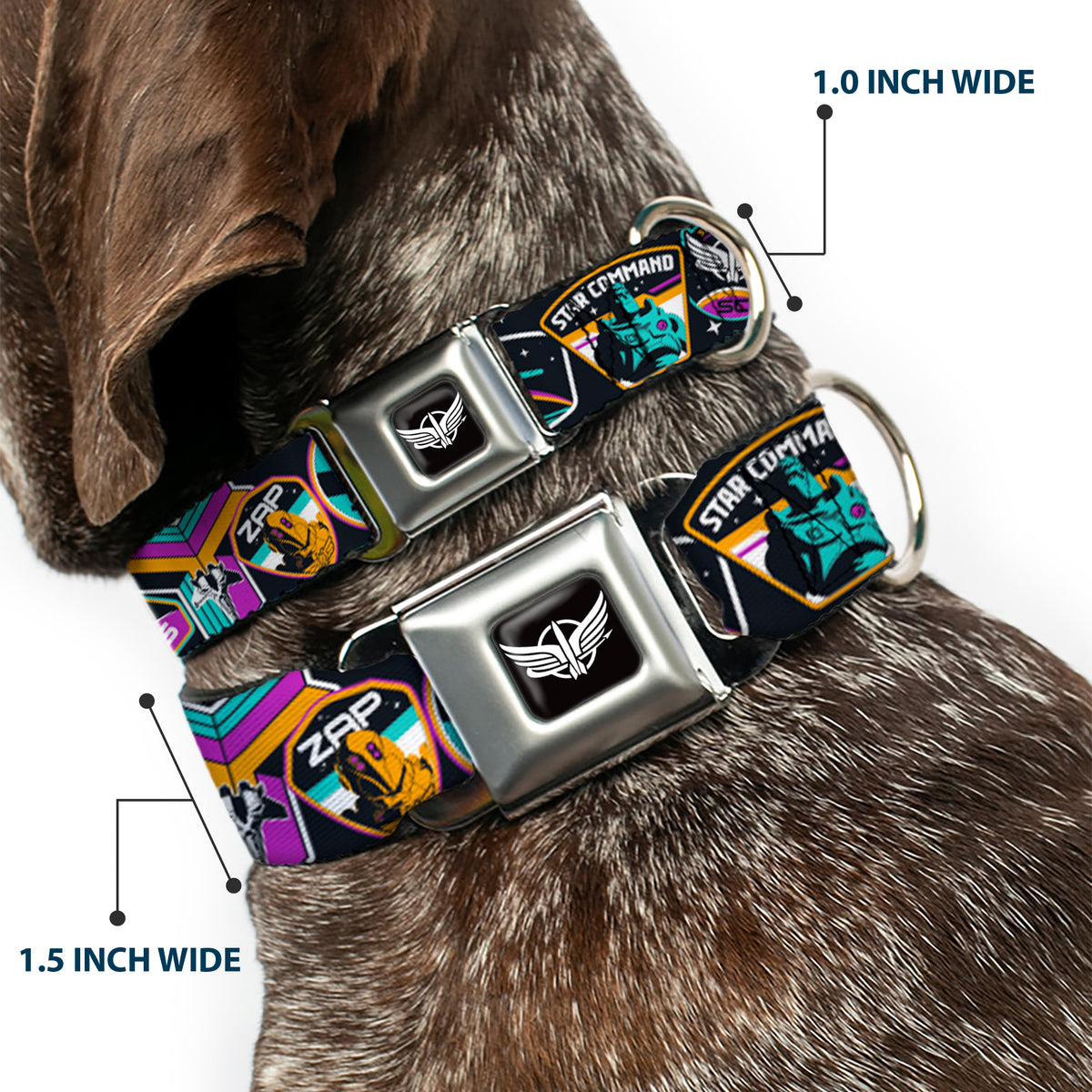 Lightyear Star Command Wings Logo Full Color Black/White Seatbelt Buckle Collar - Lightyear Mission Patches Collage Black/Multi Color Dog Collars Seatbelt Buckle Disney