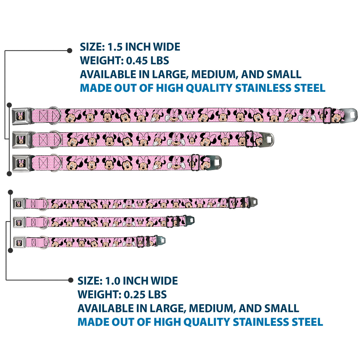 Minnie Mouse Full Color Face Pink Polka Dot Black Seatbelt Buckle Collar - Minnie Mouse Expressions Polka Dot Pink/White Dog Collars Seatbelt Buckle Disney