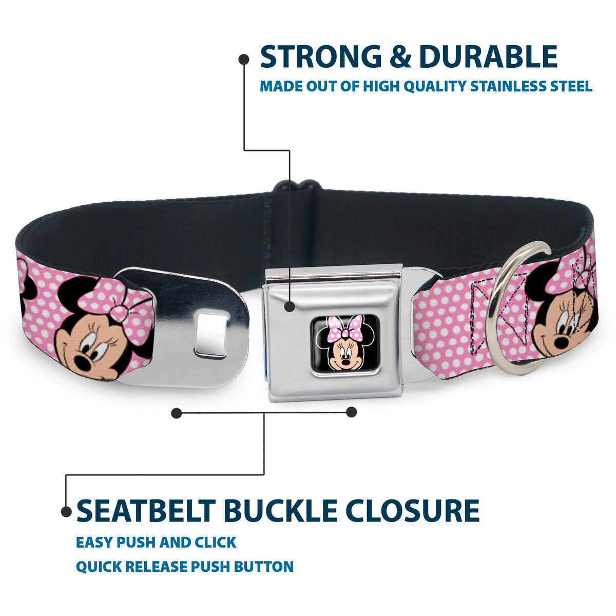 Minnie Mouse Full Color Face Pink Polka Dot Black Seatbelt Buckle Collar - Minnie Mouse Expressions Polka Dot Pink/White Dog Collars Seatbelt Buckle Disney