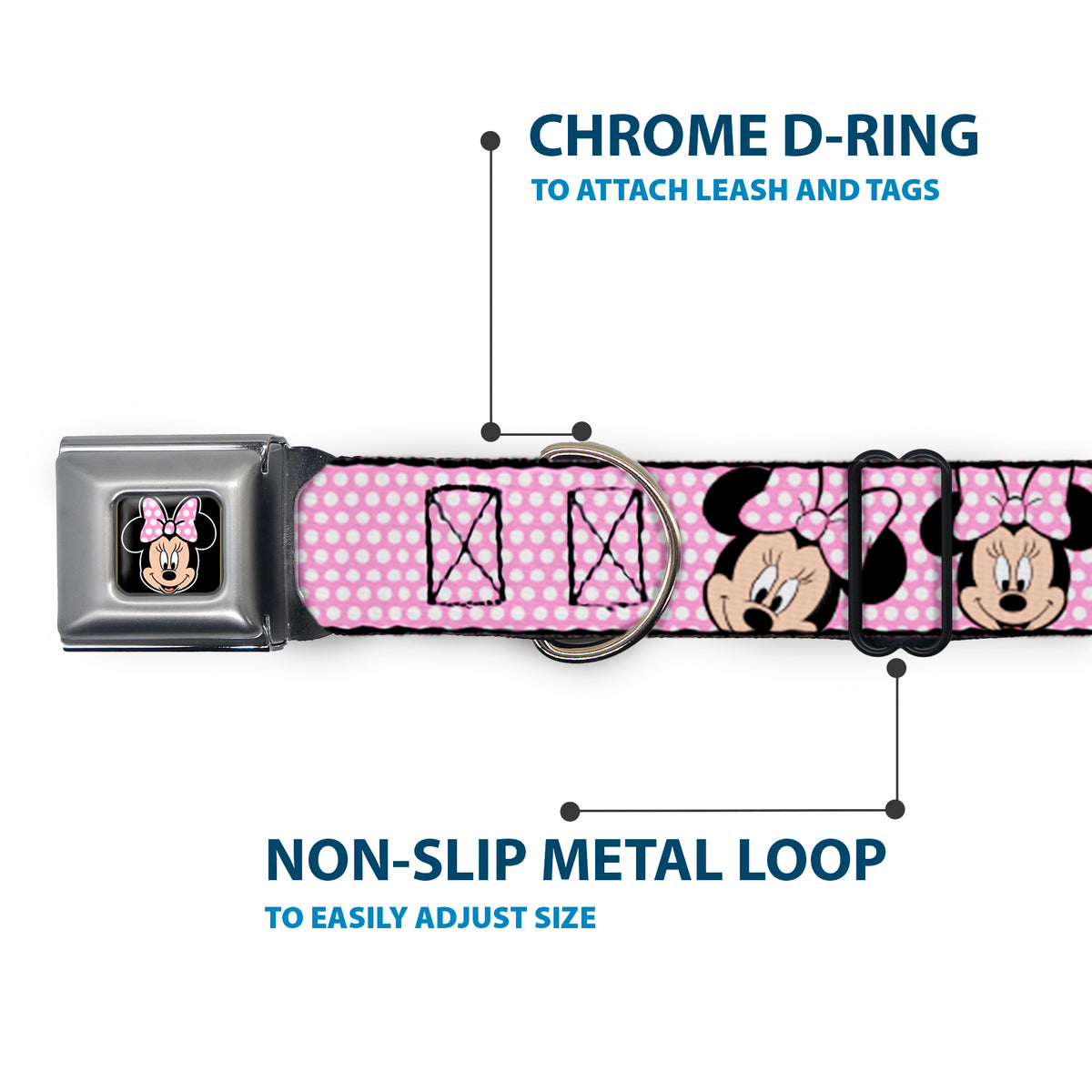 Minnie Mouse Full Color Face Pink Polka Dot Black Seatbelt Buckle Collar - Minnie Mouse Expressions Polka Dot Pink/White Dog Collars Seatbelt Buckle Disney