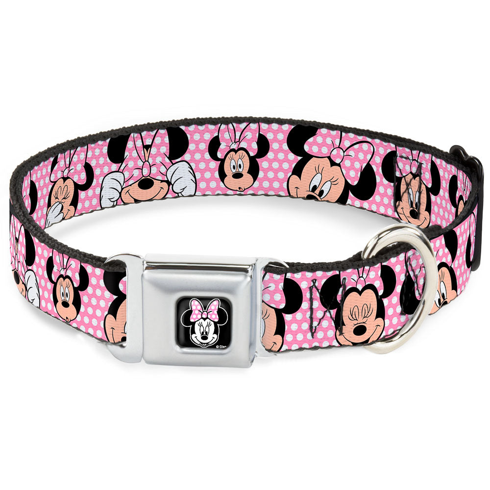 Minnie Mouse Full Color Face Pink Polka Dot Black Seatbelt Buckle Collar - Minnie Mouse Expressions Polka Dot Pink/White Dog Collars Seatbelt Buckle Disney