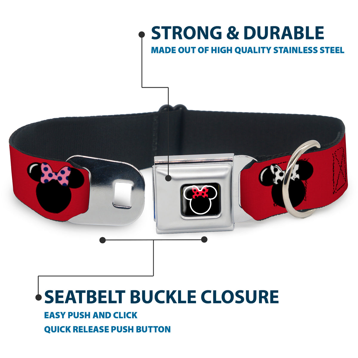 Minnie Mouse Outline Full Color Black White Red Polka Dot Seatbelt Buckle Collar - Minnie Mouse Silhouette Red/Black/Polka Dot Dog Collars Seatbelt Buckle Disney