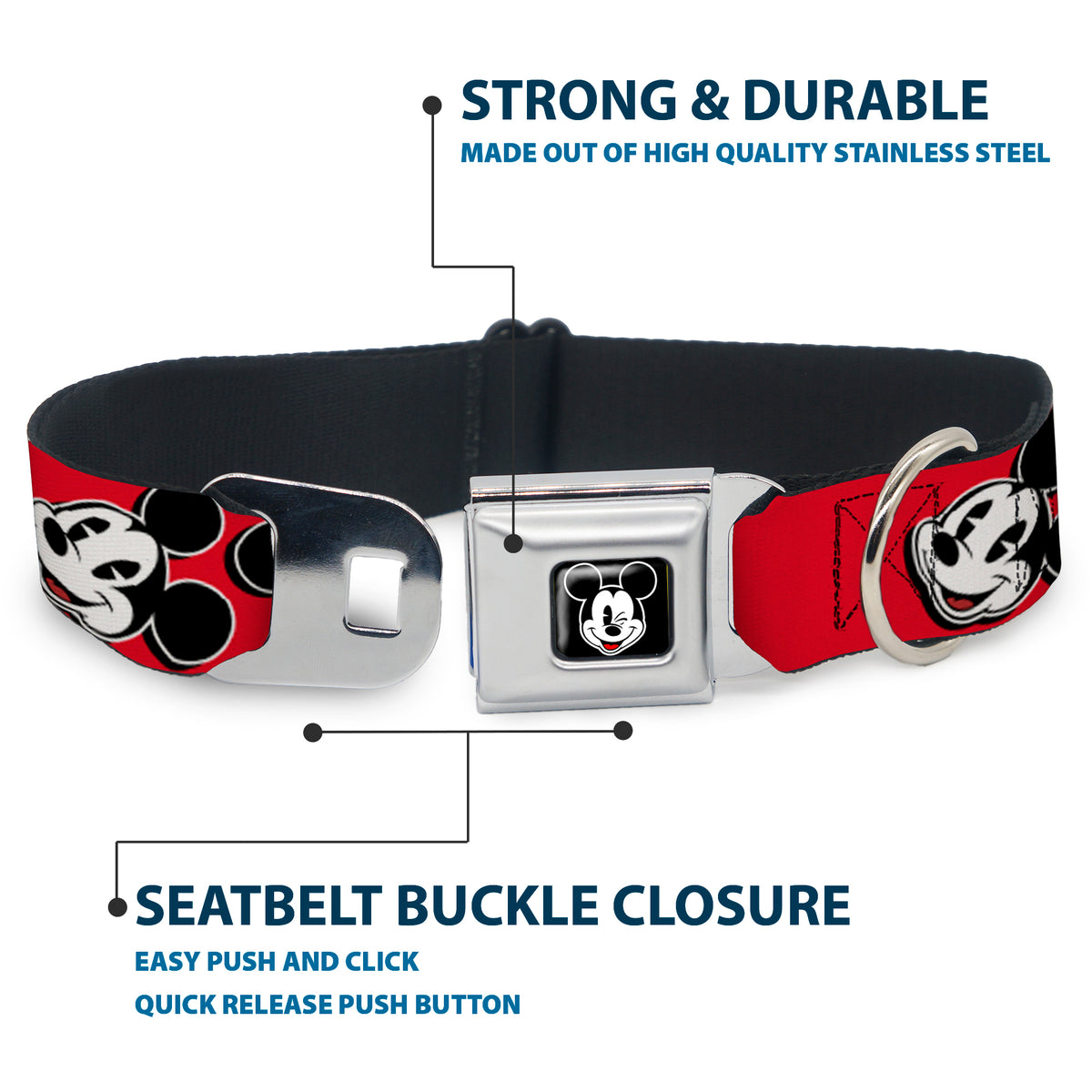 Mickey Mouse Winking Full Color Black Seatbelt Buckle Collar - Mickey Mouse Expressions Red/Black/White Dog Collars Seatbelt Buckle Disney