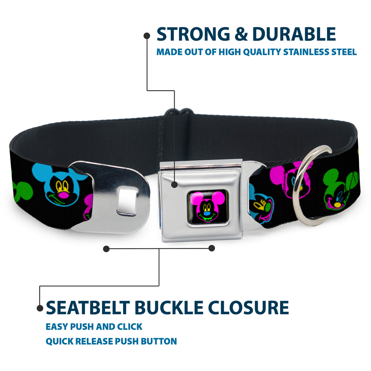Mickey Mouse Face Full Color Black Multi Neon Seatbelt Buckle Collar - Mickey Mouse Expressions Scattered Black/Multi Neon Dog Collars Seatbelt Buckle Disney