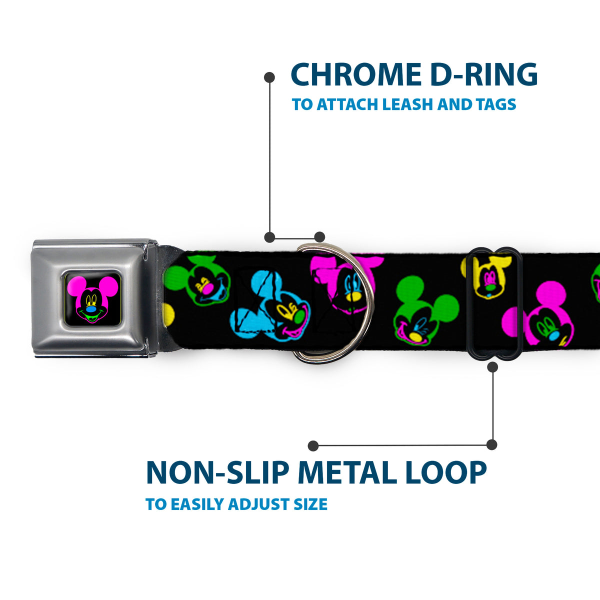 Mickey Mouse Face Full Color Black Multi Neon Seatbelt Buckle Collar - Mickey Mouse Expressions Scattered Black/Multi Neon Dog Collars Seatbelt Buckle Disney