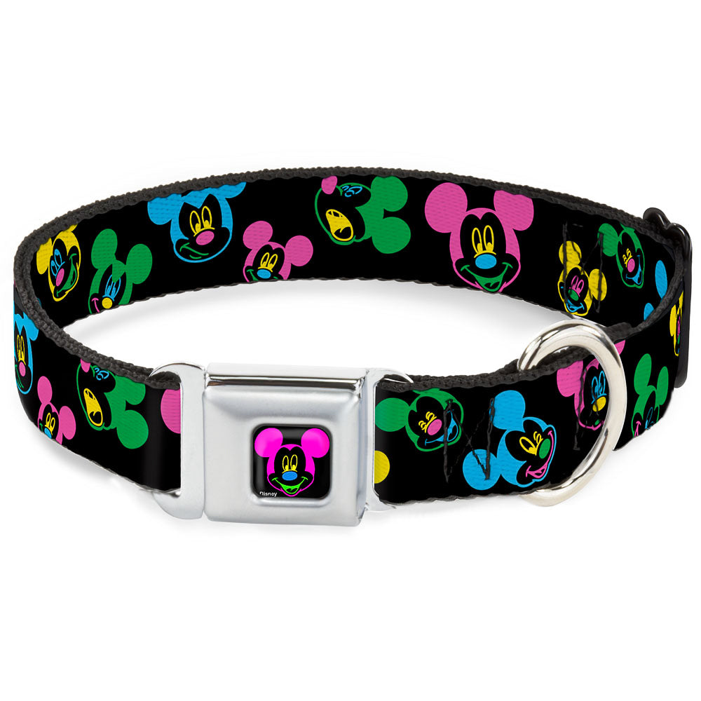 Mickey Mouse Face Full Color Black Multi Neon Seatbelt Buckle Collar - Mickey Mouse Expressions Scattered Black/Multi Neon Dog Collars Seatbelt Buckle Disney