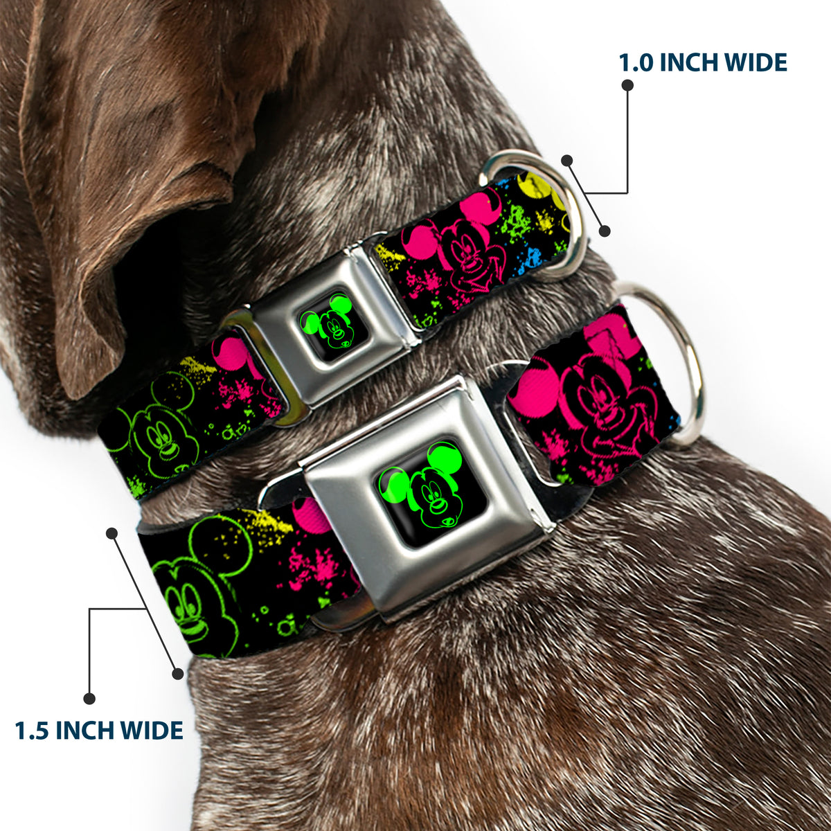 Mickey Mouse Expression1 Full Color Black/Neon Green Seatbelt Buckle Collar - Mickey Expressions/Paint Splatter Black/Multi Neon Dog Collars Seatbelt Buckle Disney