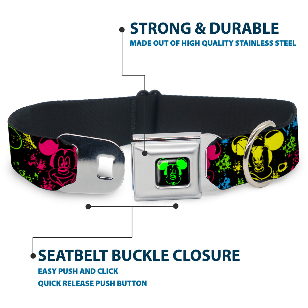 Mickey Mouse Expression1 Full Color Black/Neon Green Seatbelt Buckle Collar - Mickey Expressions/Paint Splatter Black/Multi Neon Dog Collars Seatbelt Buckle Disney