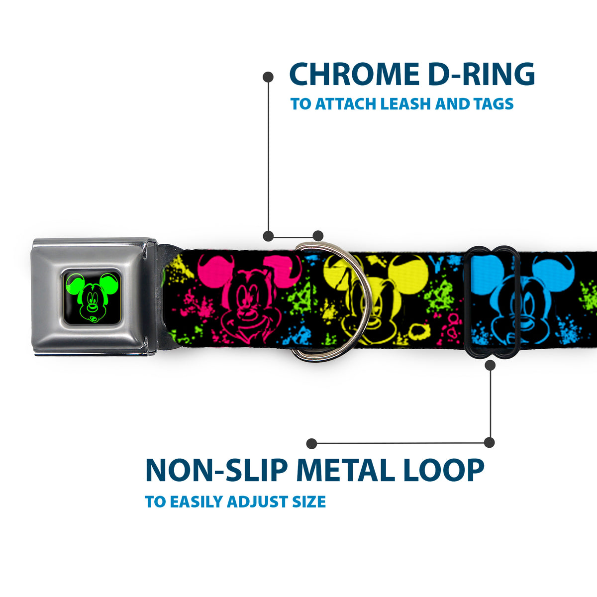 Mickey Mouse Expression1 Full Color Black/Neon Green Seatbelt Buckle Collar - Mickey Expressions/Paint Splatter Black/Multi Neon Dog Collars Seatbelt Buckle Disney