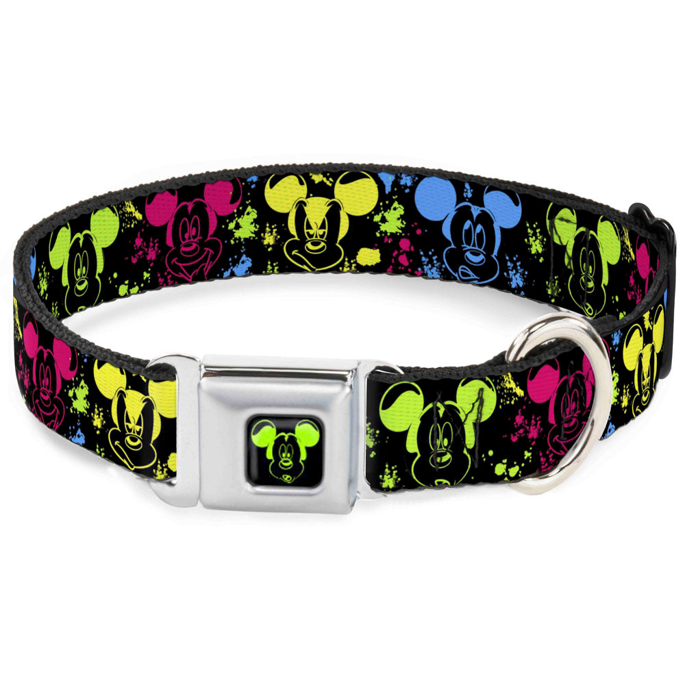 Mickey Mouse Expression1 Full Color Black/Neon Green Seatbelt Buckle Collar - Mickey Expressions/Paint Splatter Black/Multi Neon Dog Collars Seatbelt Buckle Disney