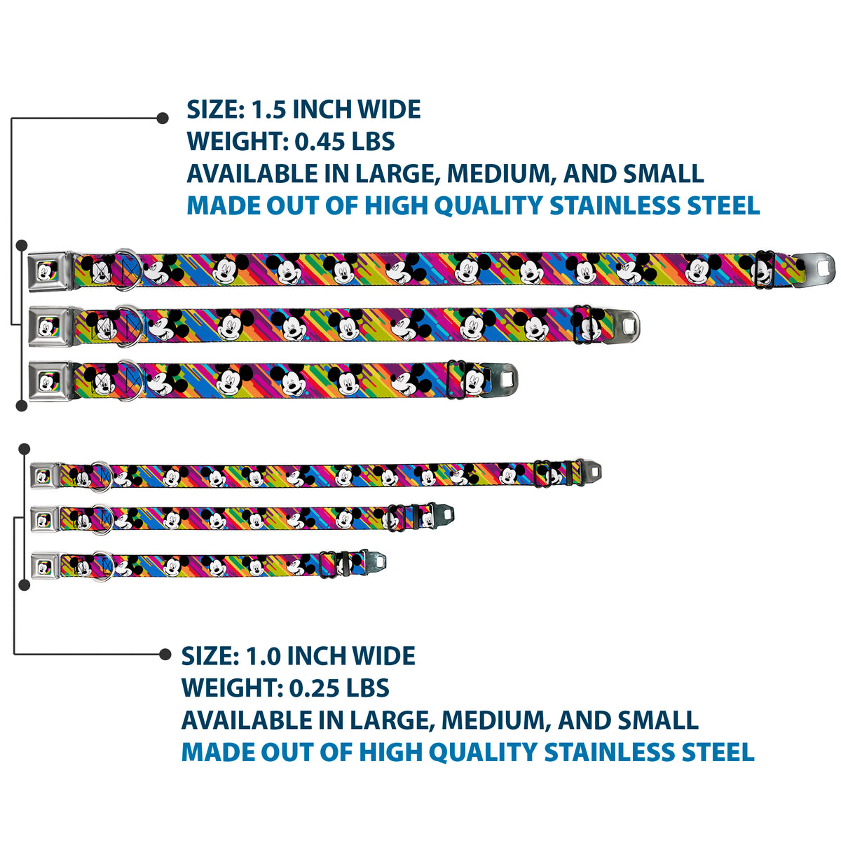 Mickey Mouse Winking CLOSE-UP Full Color Multi Color Black White Seatbelt Buckle Collar - Mickey Mouse Expressions Multi Color White/Black Dog Collars Seatbelt Buckle Disney