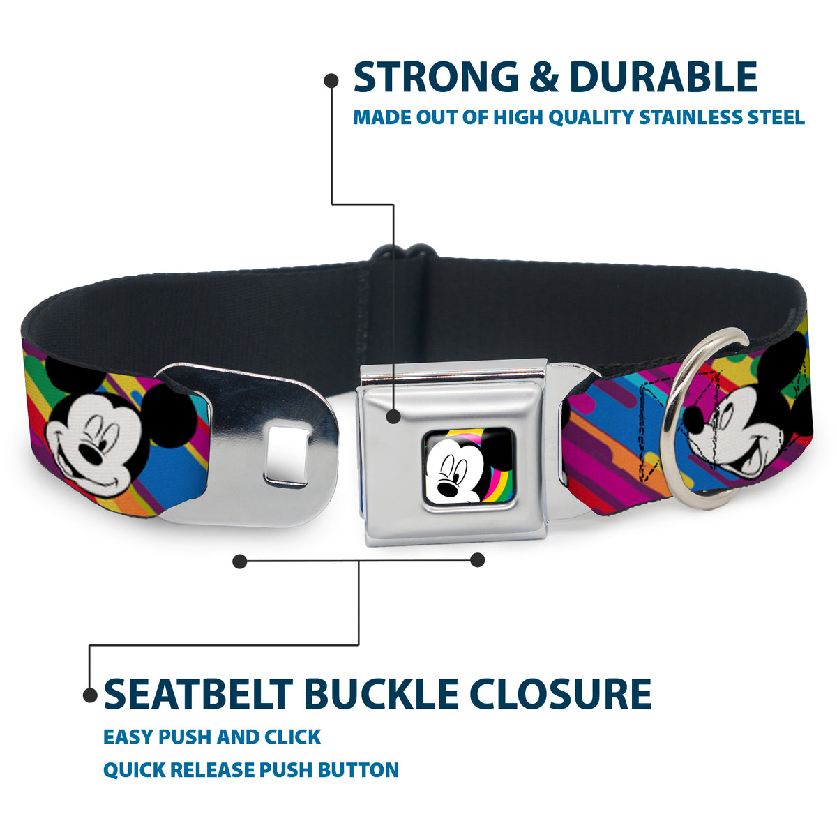 Mickey Mouse Winking CLOSE-UP Full Color Multi Color Black White Seatbelt Buckle Collar - Mickey Mouse Expressions Multi Color White/Black Dog Collars Seatbelt Buckle Disney