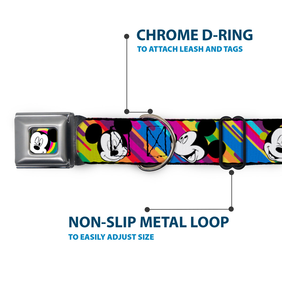 Mickey Mouse Winking CLOSE-UP Full Color Multi Color Black White Seatbelt Buckle Collar - Mickey Mouse Expressions Multi Color White/Black Dog Collars Seatbelt Buckle Disney