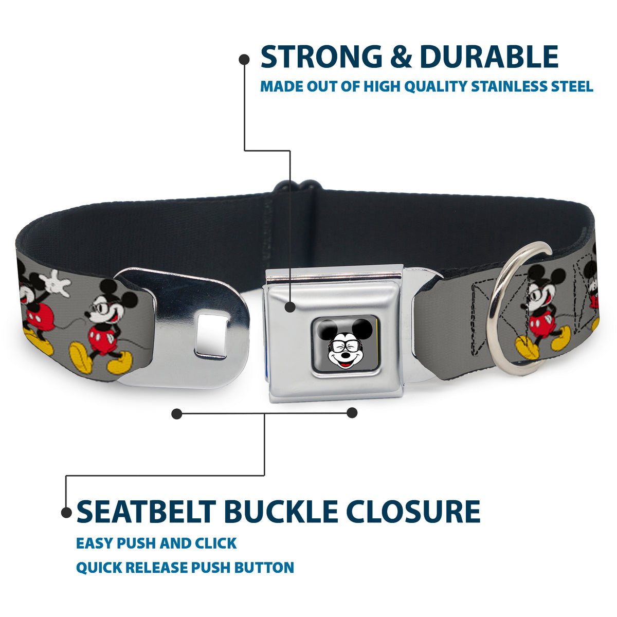 Mickey Mouse w Glasses Full Color Gray Seatbelt Buckle Collar - Mickey Mouse w/Glasses Poses Gray Dog Collars Seatbelt Buckle Disney