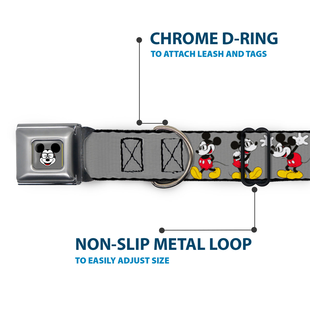 Mickey Mouse w Glasses Full Color Gray Seatbelt Buckle Collar - Mickey Mouse w/Glasses Poses Gray Dog Collars Seatbelt Buckle Disney