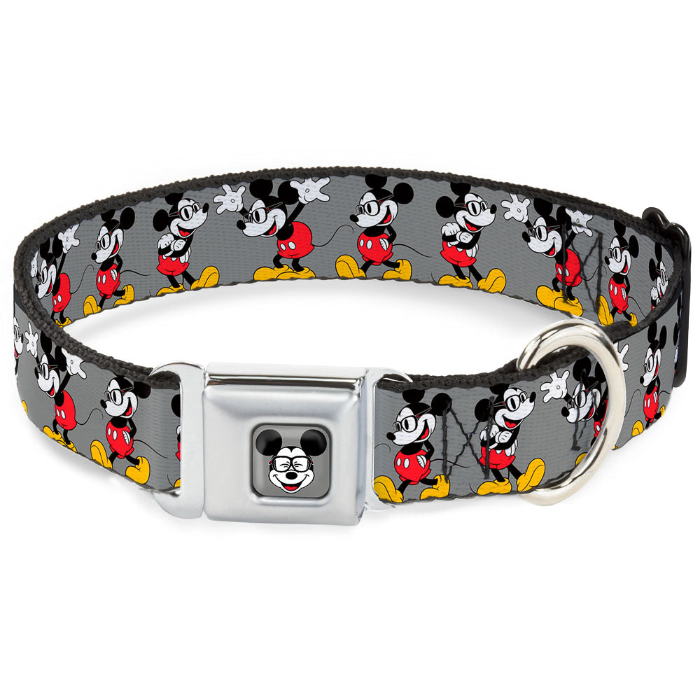 Mickey Mouse w Glasses Full Color Gray Seatbelt Buckle Collar - Mickey Mouse w/Glasses Poses Gray Dog Collars Seatbelt Buckle Disney
