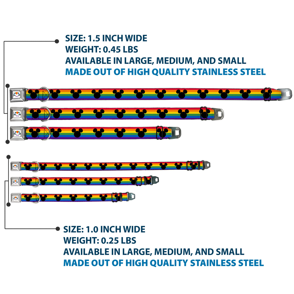 DISNEY Mickey Mouse Pride Ears Icon Full Color White/Multi Color Seatbelt Buckle Collar - Mickey Mouse Ears Icon Rainbow Pride Flag Dog Collars Seatbelt Buckle Disney