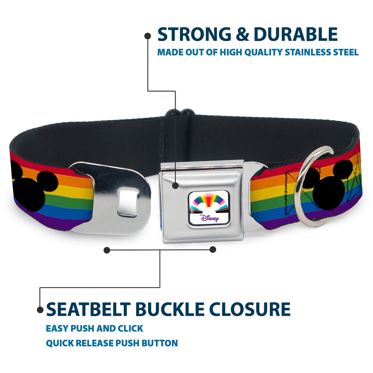DISNEY Mickey Mouse Pride Ears Icon Full Color White/Multi Color Seatbelt Buckle Collar - Mickey Mouse Ears Icon Rainbow Pride Flag Dog Collars Seatbelt Buckle Disney