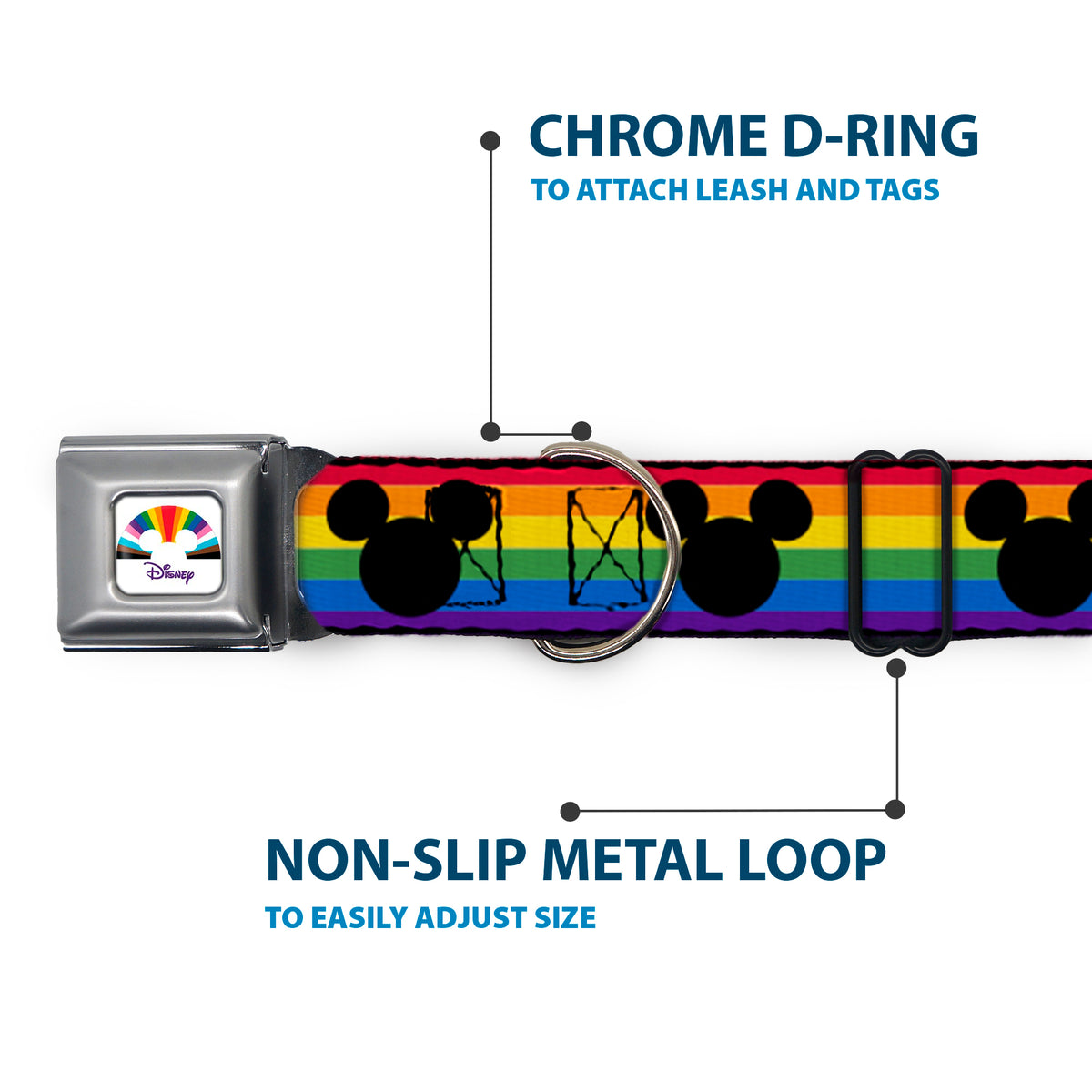 DISNEY Mickey Mouse Pride Ears Icon Full Color White/Multi Color Seatbelt Buckle Collar - Mickey Mouse Ears Icon Rainbow Pride Flag Dog Collars Seatbelt Buckle Disney