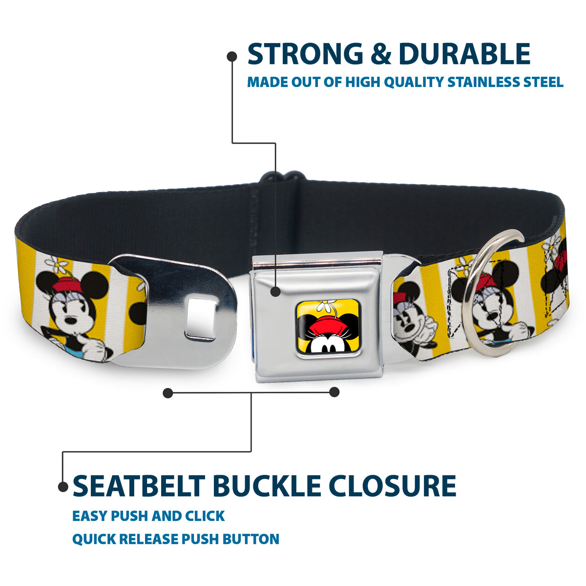Minnie Mouse w Hat CLOSE-UP Full Color Yellow Seatbelt Buckle Collar - Minnie Mouse w/Hat Poses Stripe Yellow/White Dog Collars Seatbelt Buckle Disney